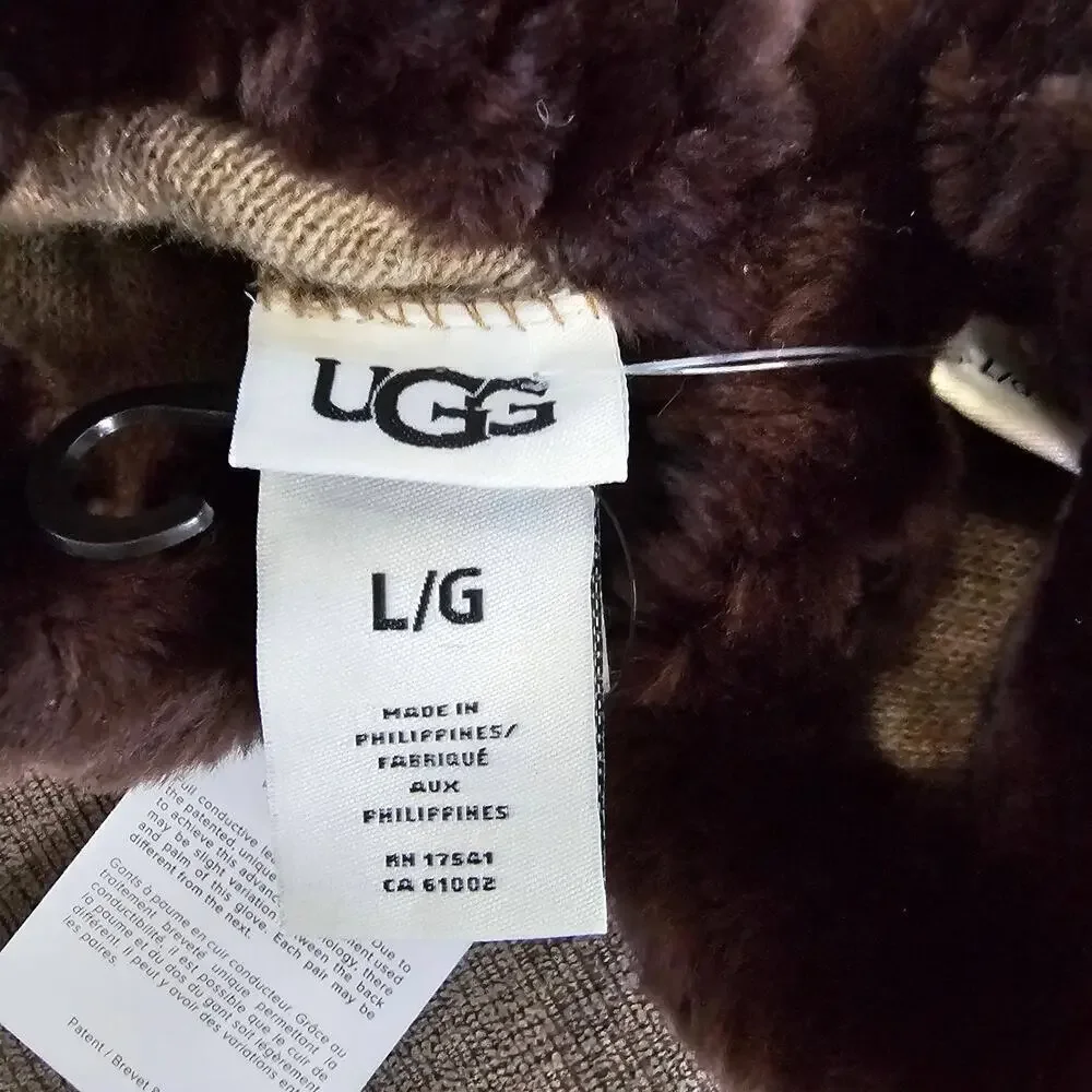 UGG Women's Brown Leather Shorty Tech Tip Real Fur Cuff Gloves Size L/G